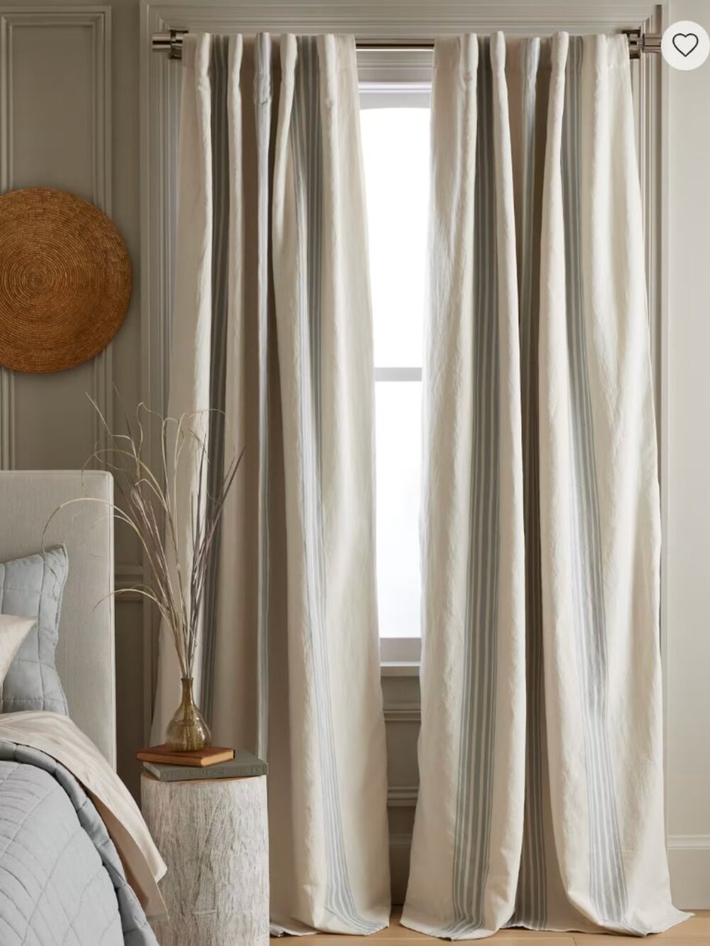 Coastal Stripe Linen Cotton Curtain - Single Panel in Ivory/Fog